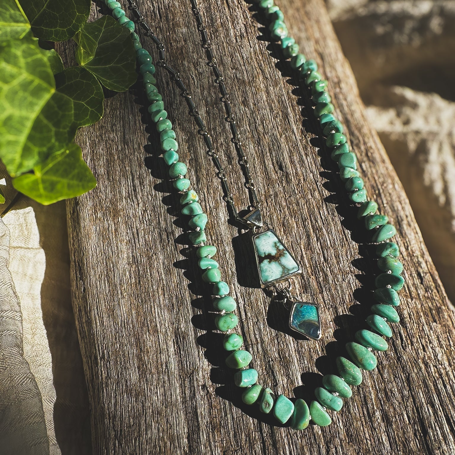 Turquoise beaded necklace, Natural Lone Mountain beads hand knotted on cream silk thread. Natural Earth Collective Ohio