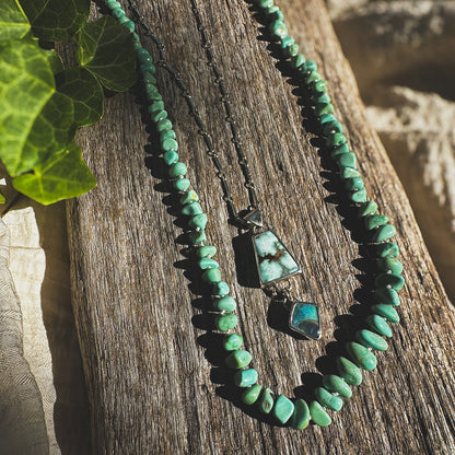 Turquoise beaded necklace, Natural Lone Mountain beads hand knotted on cream silk thread. Natural Earth Collective Ohio