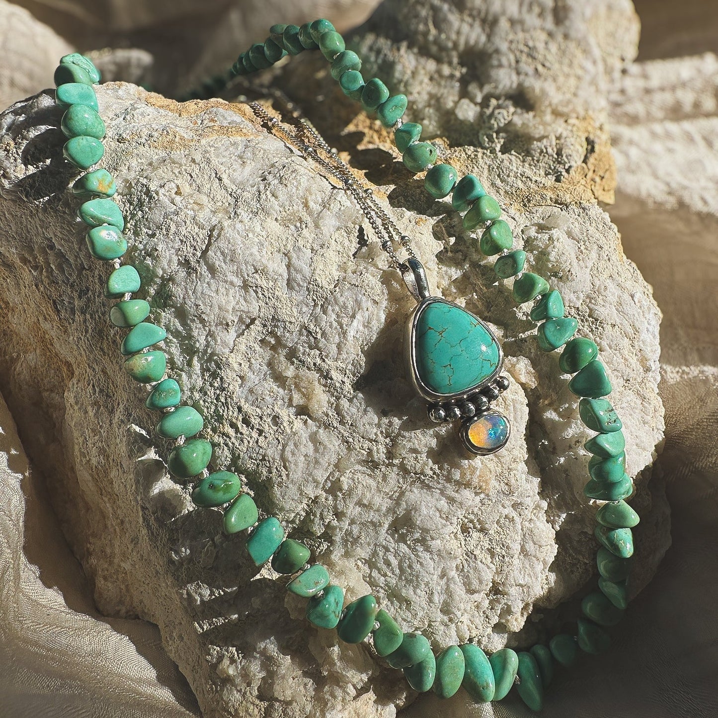 Turquoise beaded necklace, Natural Lone Mountain beads hand knotted on cream silk thread. Natural Earth Collective Ohio