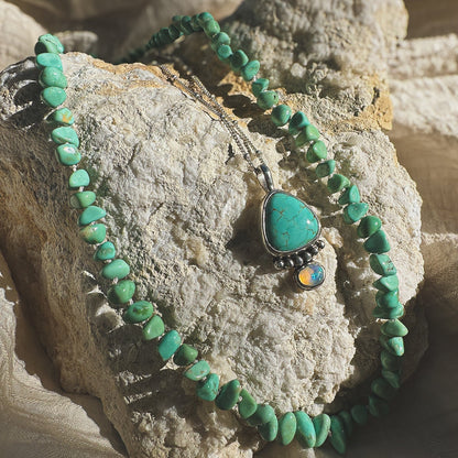Turquoise beaded necklace, Natural Lone Mountain beads hand knotted on cream silk thread. Natural Earth Collective Ohio