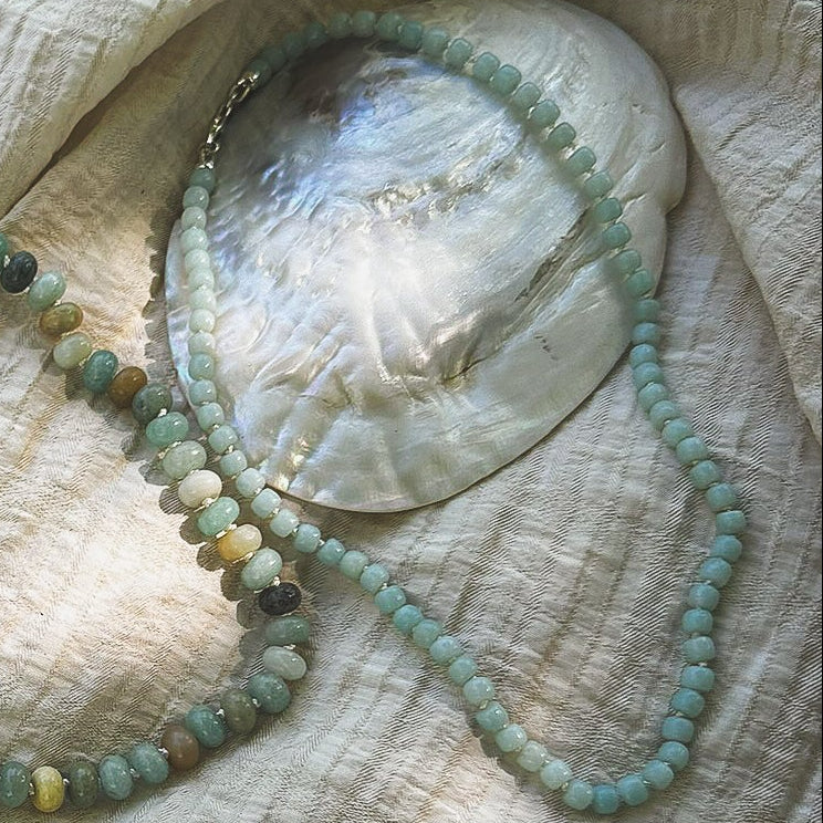 Pale green Amazonite drum beaded necklace, hand knotted on cream silk thread. Natural Earth Collective Ohio