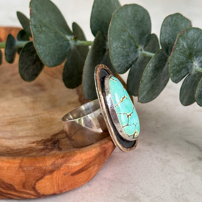 Natural Iron Maiden Turquoise Shadowbox Mixed Metal Ring | Size 7.75