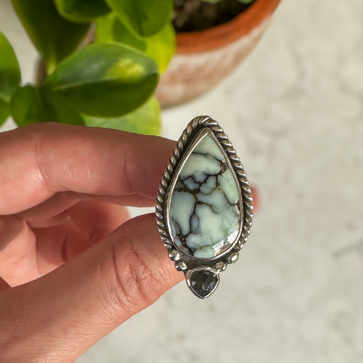 Aloe Variscite and Moss Aquamarine Ring | Size 7.5