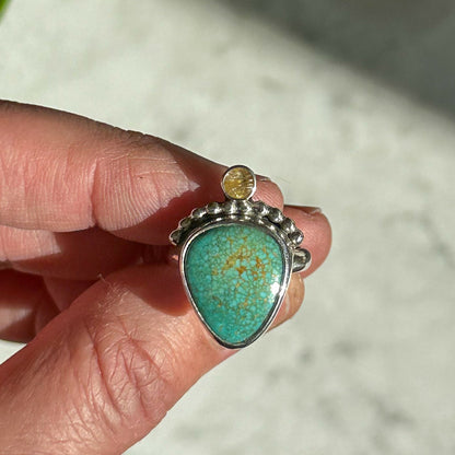 Turquoise Teardrop and Rutile Quartz Ring | Size 7