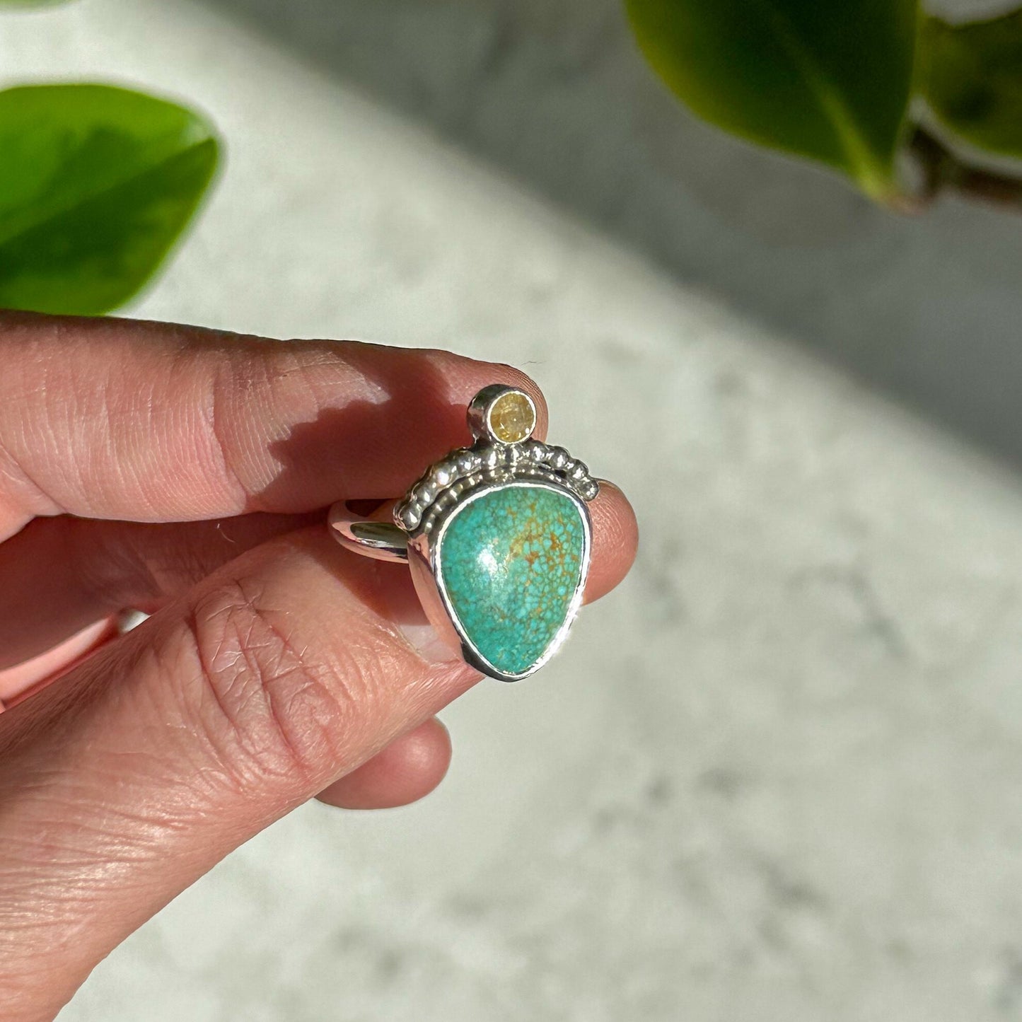 Turquoise Teardrop and Rutile Quartz Ring | Size 7