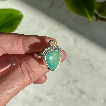 Turquoise Teardrop and Rutile Quartz Ring | Size 7