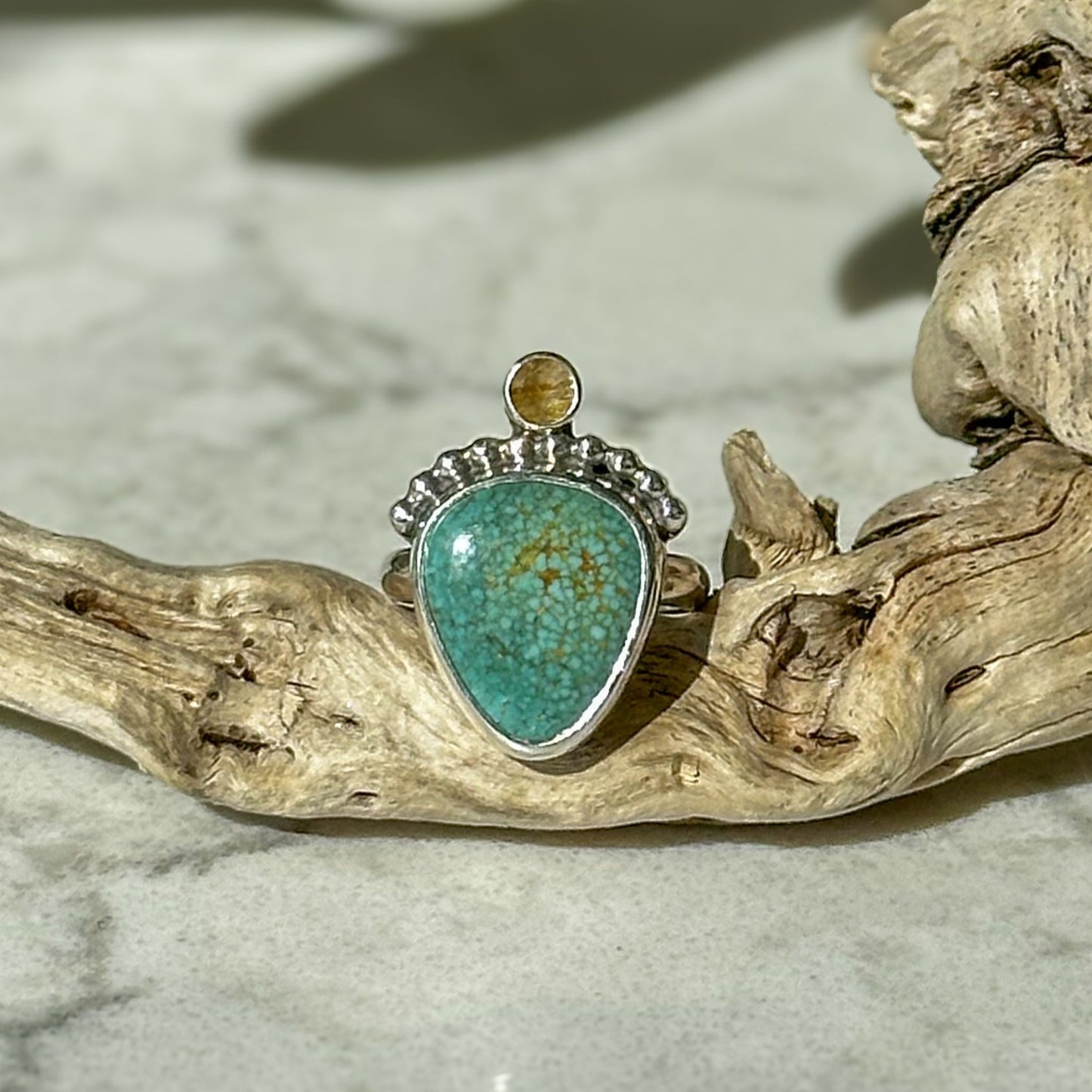 Turquoise Teardrop and Rutile Quartz Ring | Size 7