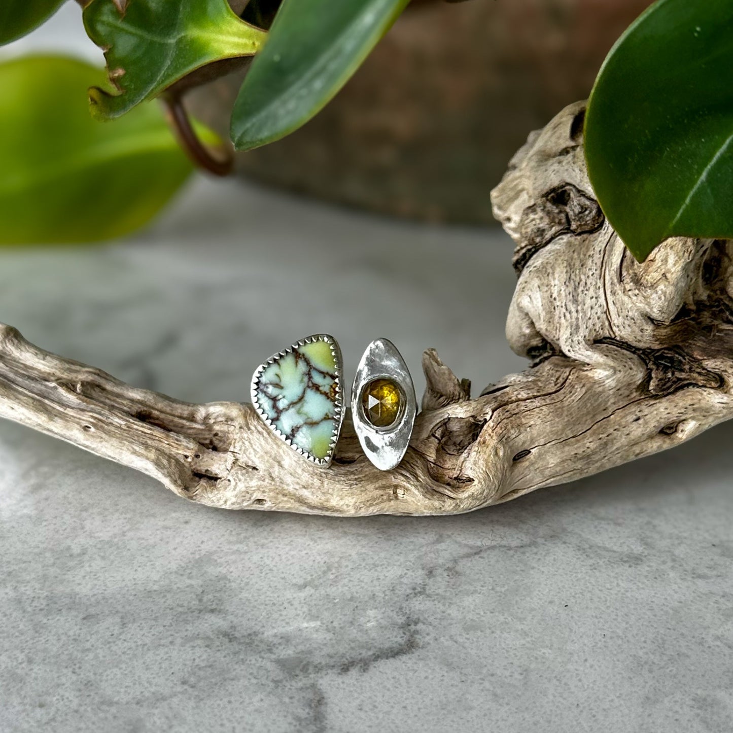 Aloe Variscite and Golden Sphene Ring | Size 5