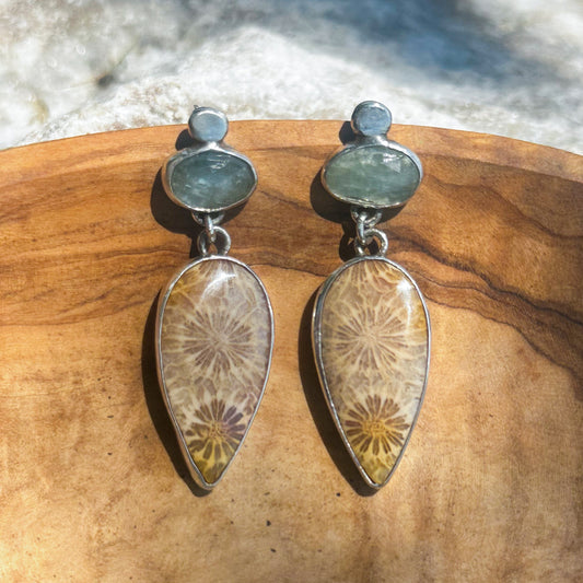 Aquamarine and Fossilized Coral Stud Dangle Earrings