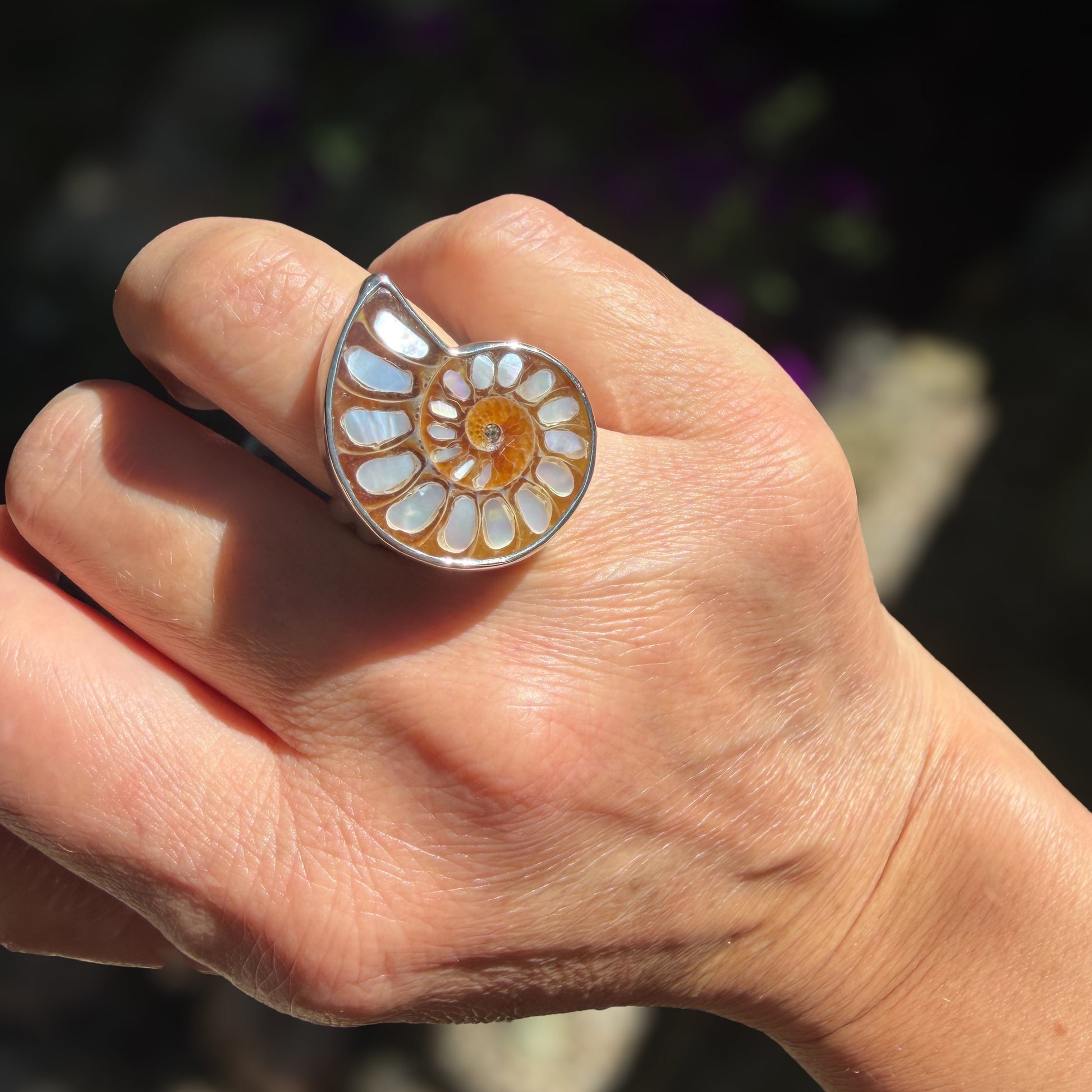 Ammonite fossil with inlaid mother of pearl ring set in sterling silver. Natural Earth Collective Ohio