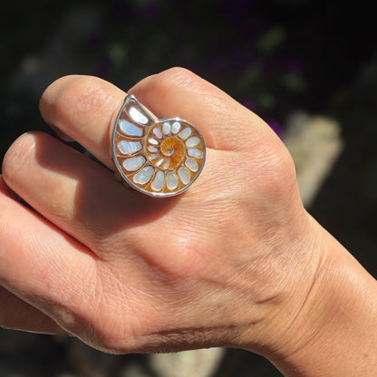 Ammonite fossil with inlaid mother of pearl ring set in sterling silver. Natural Earth Collective Ohio