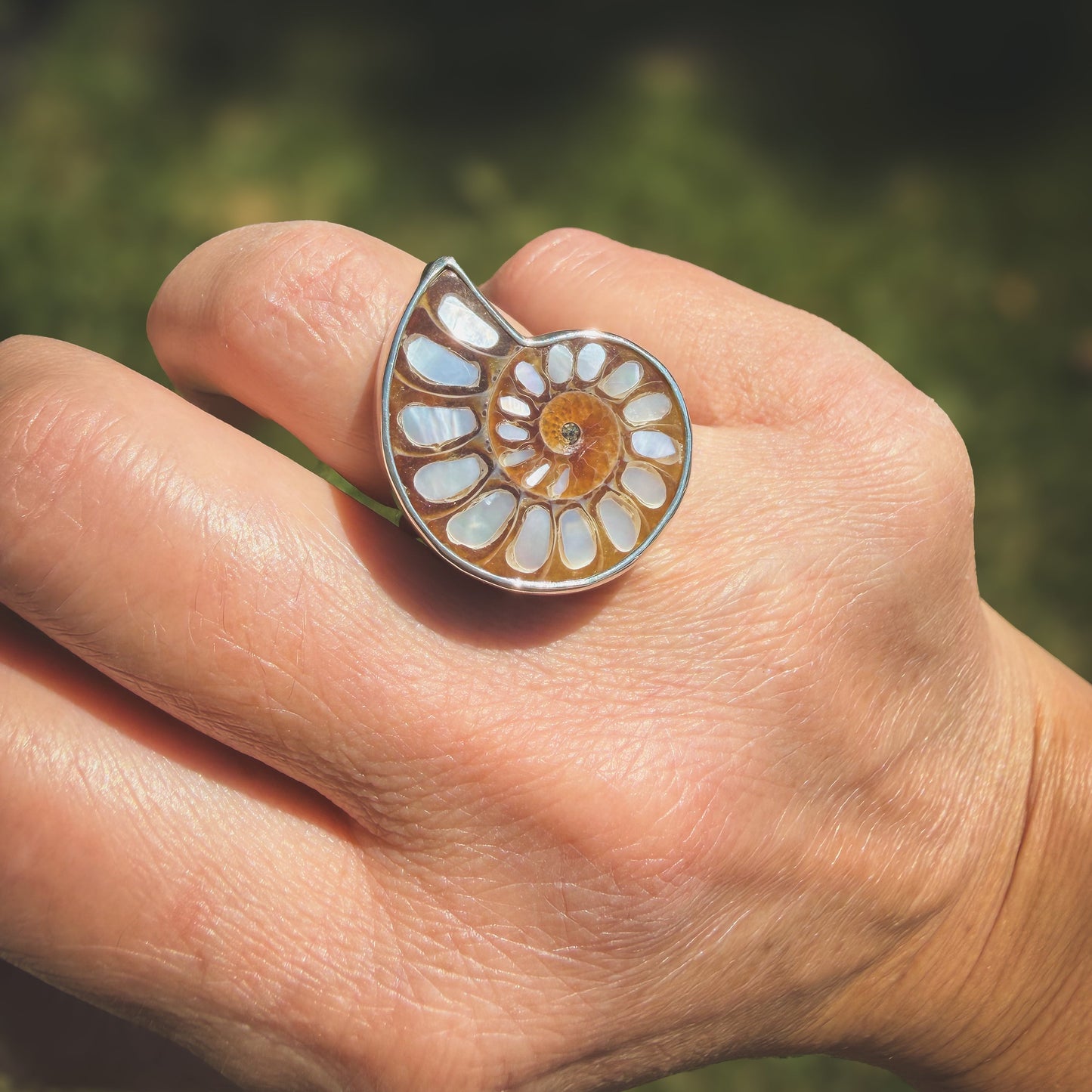 Mother of Pearl Inlay Ammonite Ring