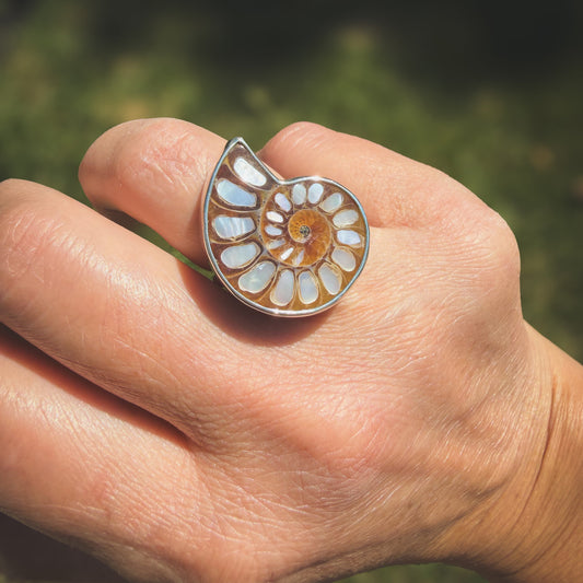 Mother of Pearl Inlay Ammonite Ring