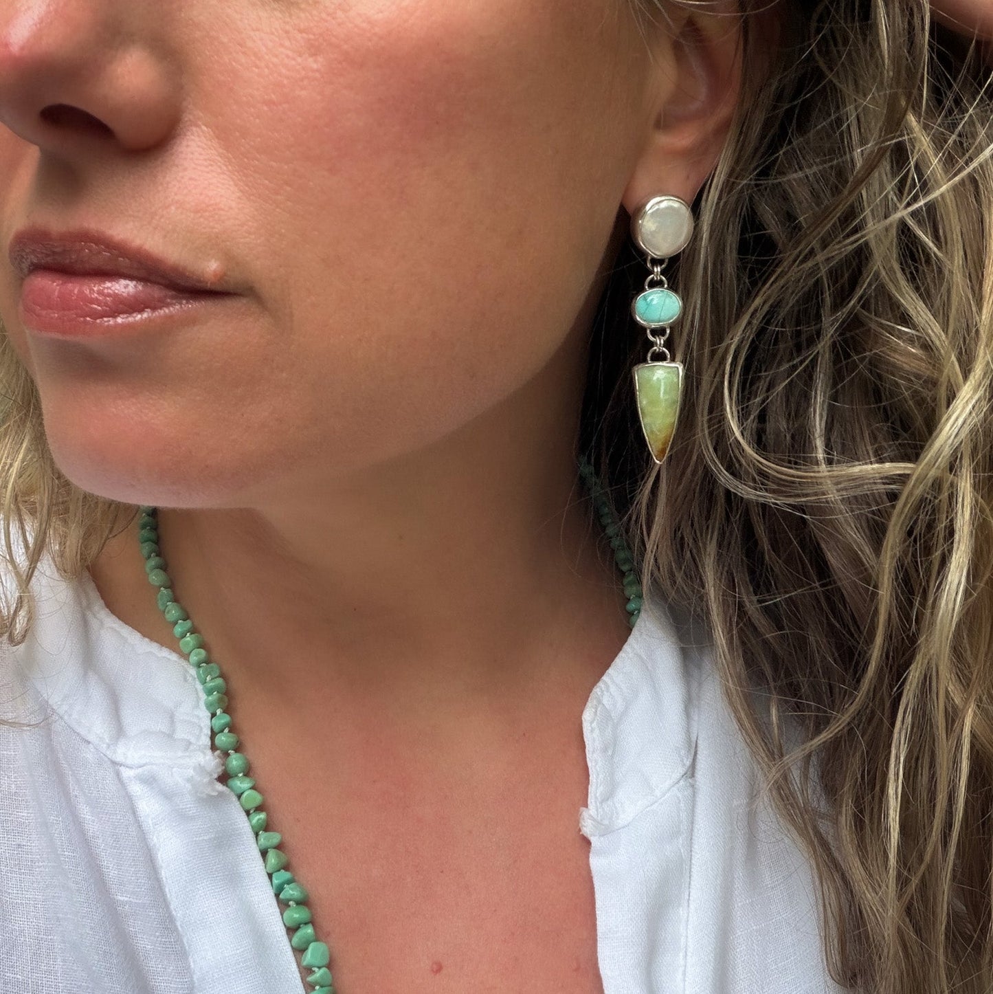 Pearl turquoise tiered sterling silver earrings Natural Earth Collective OH