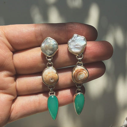 Pearl, puka shell, teal chalcedony tiered dangle earrings in sterling slilver earrings. Natural earth collective OH