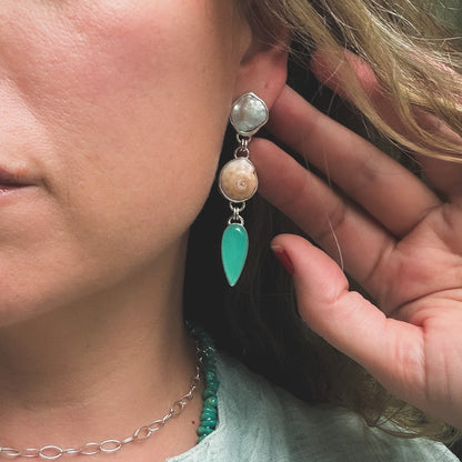 pearl puka shell and aqua chalcedony tiered dangle post earrings set in sterling silver. Natural Earth Collective Ohio