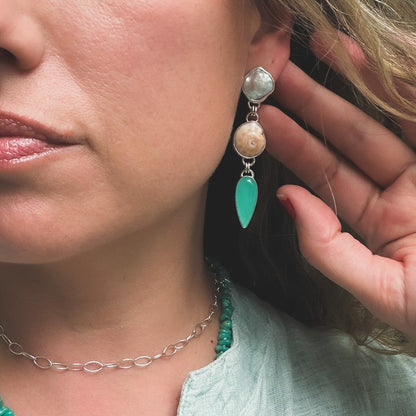 Pearl, puka shell, teal chalcedony tiered dangle earrings in sterling slilver earrings. Natural earth collective OH