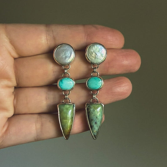 Pearl turquoise tiered sterling silver earrings Natural Earth Collective OH