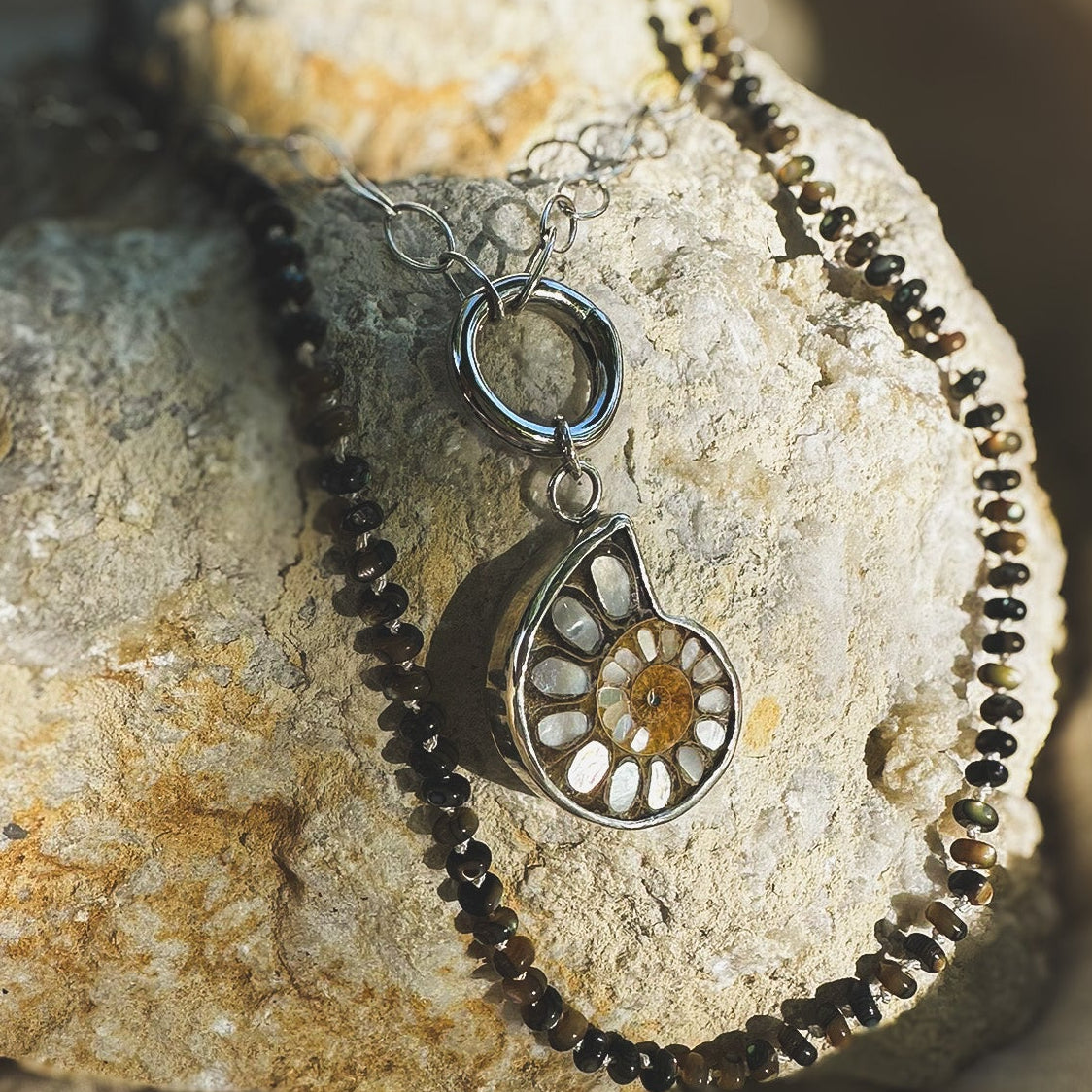 Ammonite fossil with inlaid mother of pearl pendandt set in sterling silver on a sterling silver chain with sterlin circle push clasp Natural Earth Collective Ohio