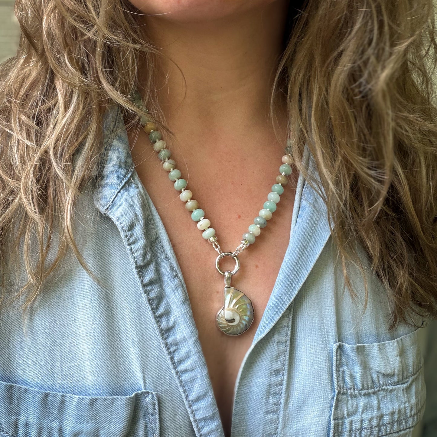 Nautilus shell pendant and stud earrings wrapped in sterling silver. Natural earth collective, Ohio