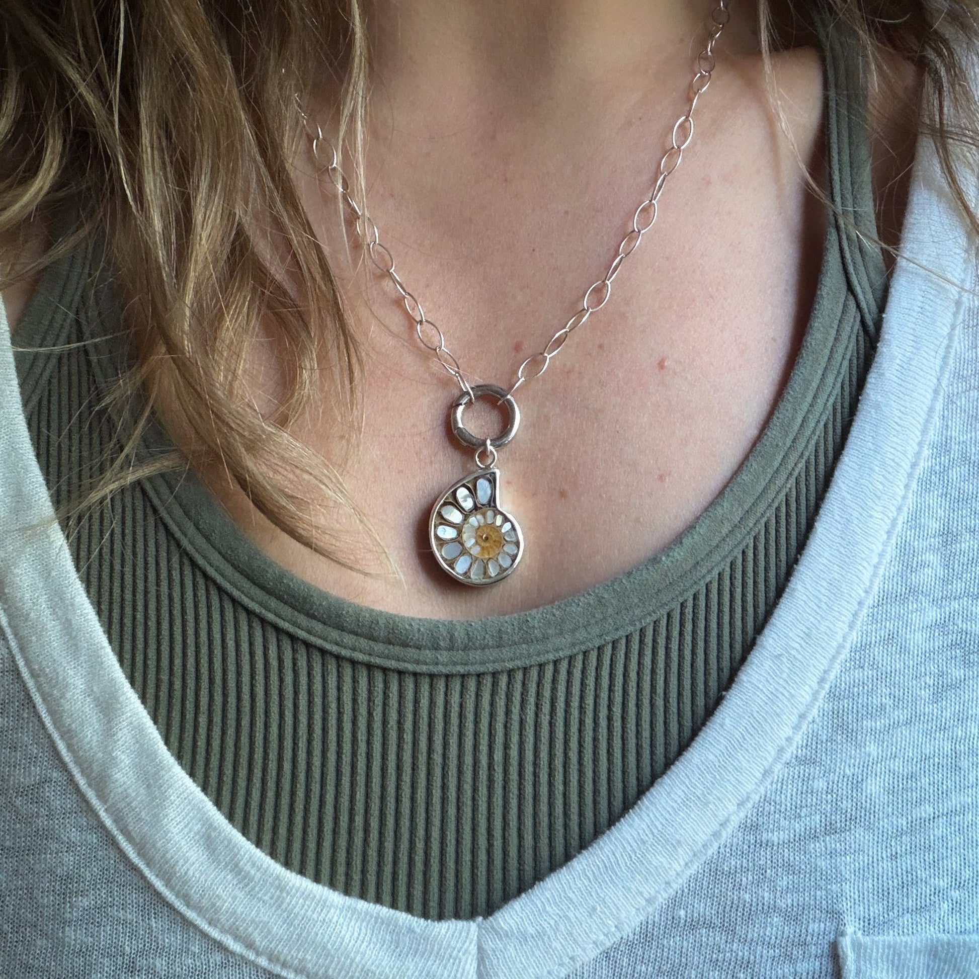 Ammonite fossil with inlaid mother of pearl pendandt set in sterling silver on a sterling silver chain with sterlin circle push clasp Natural Earth Collective Ohio
