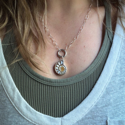 Ammonite fossil with inlaid mother of pearl pendandt set in sterling silver on a sterling silver chain with sterlin circle push clasp Natural Earth Collective Ohio