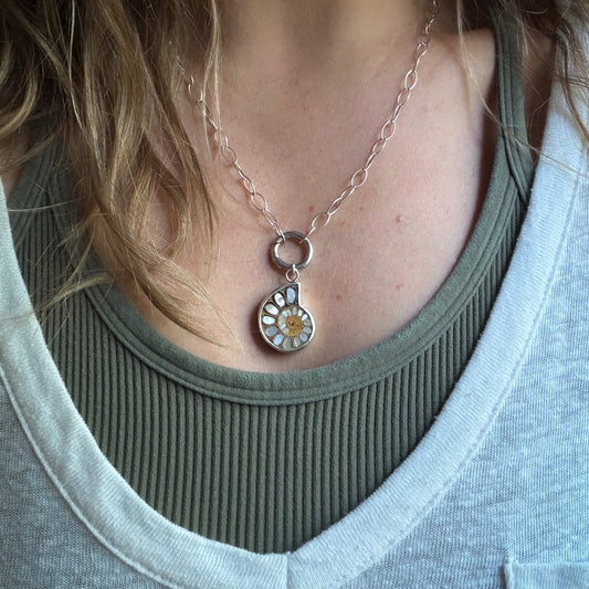 Ammonite fossil with inlaid mother of pearl pendandt set in sterling silver on a sterling silver chain with sterlin circle push clasp Natural Earth Collective Ohio
