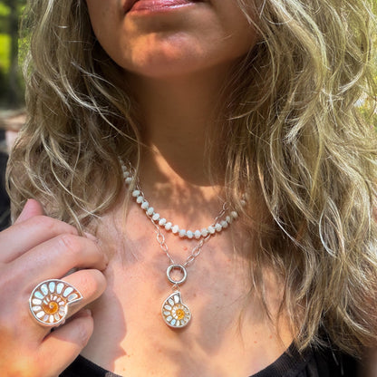 Ammonite fossil with inlaid mother of pearl pendandt set in sterling silver on a sterling silver chain with sterlin circle push clasp Natural Earth Collective Ohio