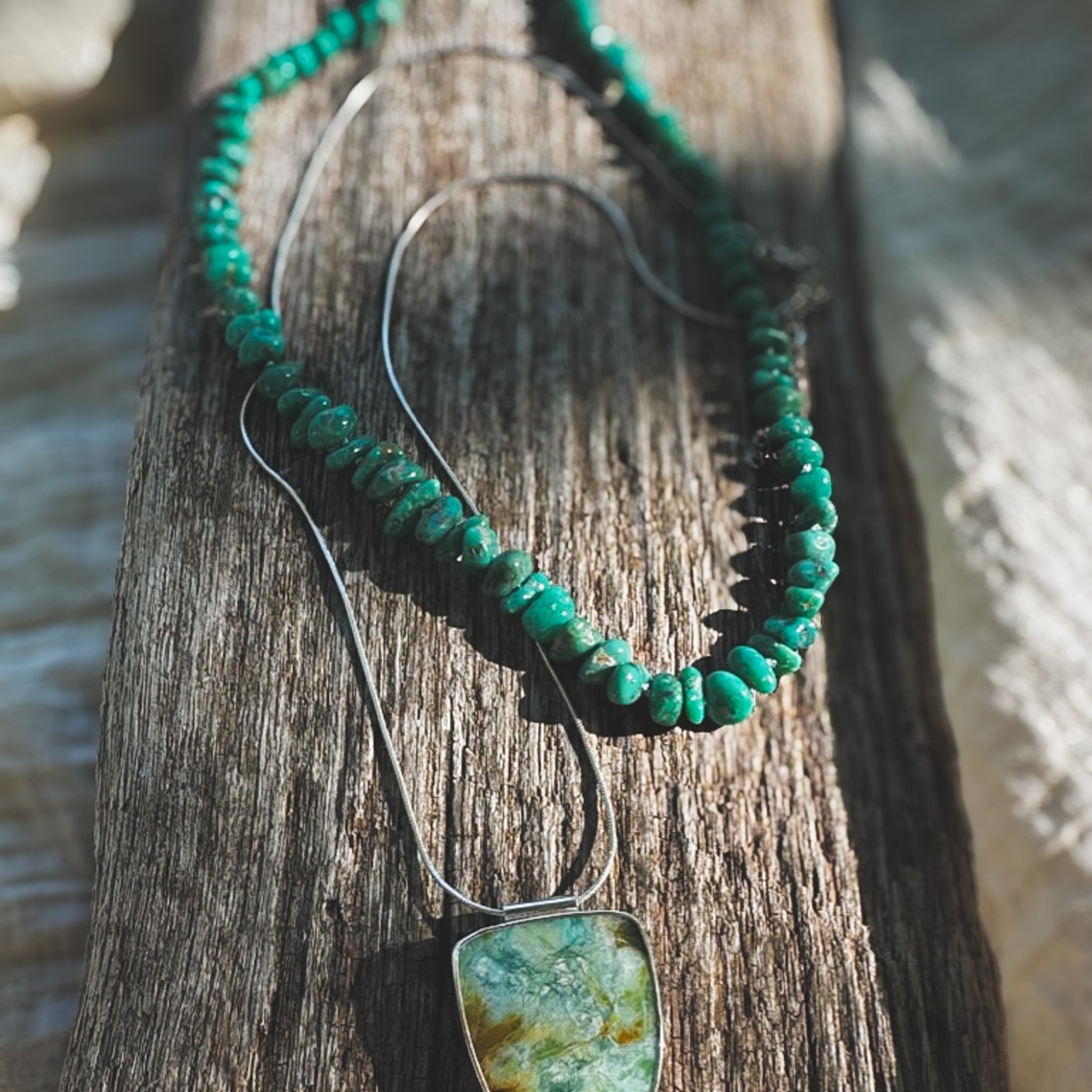 Campitos turquoise nugget beaded necklaces hand knotted on silk thread. Natural Earth collective OHio