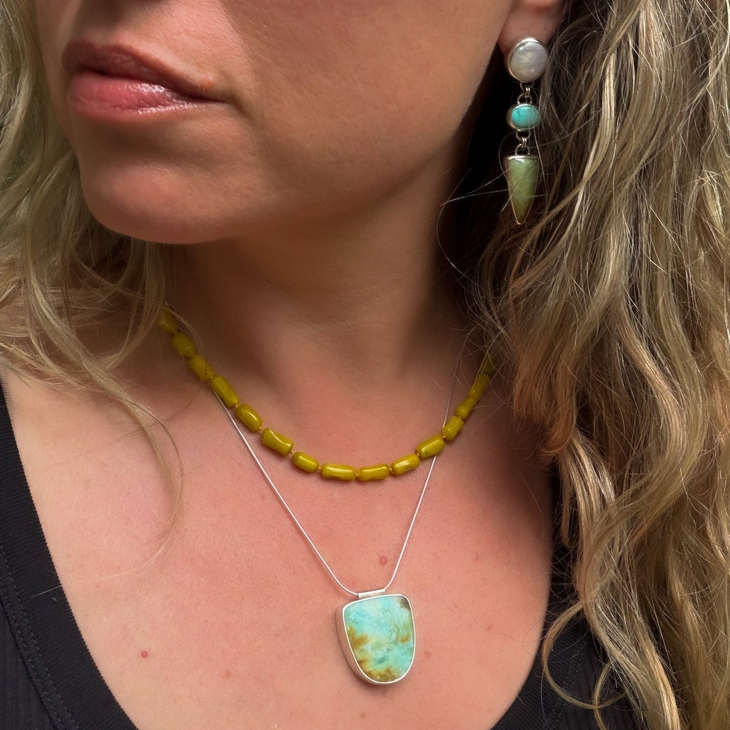 Opalized wood in shades of moss, yellow and aqua pendant  set in sterling silver on a sterling silver snake chain. Natural earth collective Ohio