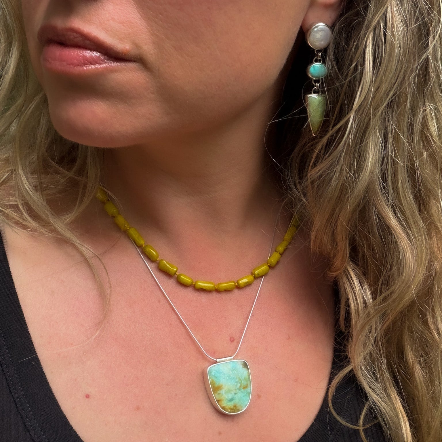 Opalized wood in shades of moss, yellow and aqua pendant  set in sterling silver on a sterling silver snake chain. Natural earth collective Ohio
