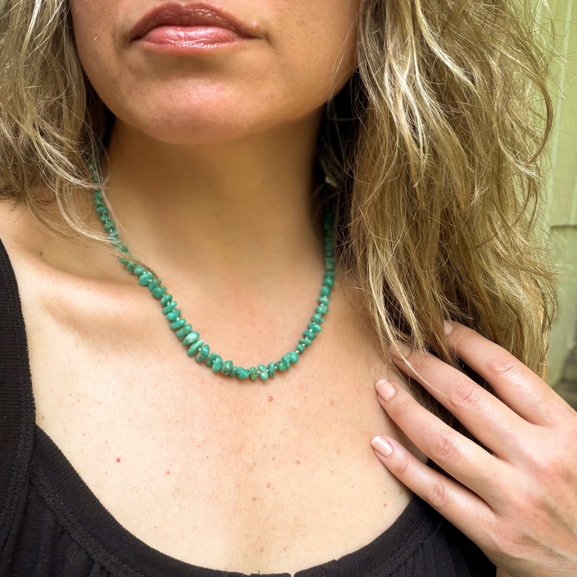 Campitos turquoise nugget beaded necklaces hand knotted on silk thread. Natural Earth collective OHio